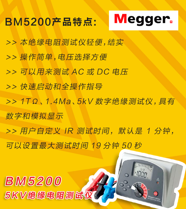 MEGGER,<a href='http://www.bangwoyin.com/tongyi.html'>絕緣電阻</a>測試儀,BM5200